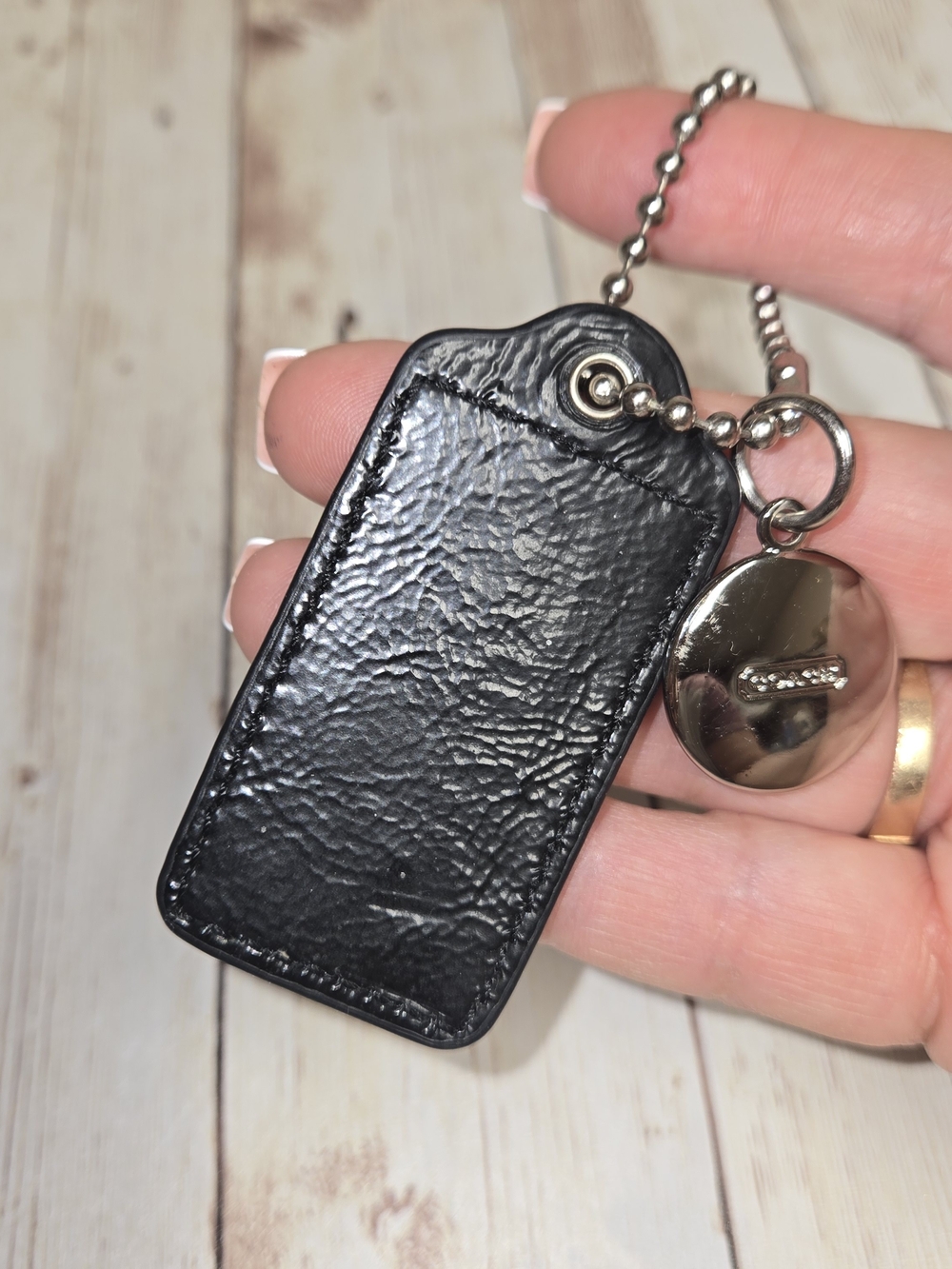 Coach Black Leather Hangtag Keychain Charm Silver Tone - Picture 7 of 13